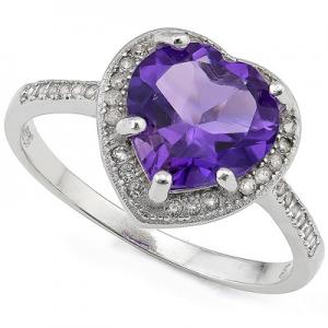 BEAUTIFUL ! WOMENS 14K WHITE GOLD OVER SOLID STERLING SILVER 1/5 CT CREATED WHITE SAPPHIRE & 2.12 CT AMETHYST RING