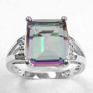 DAZZLING ! 14K WHITE GOLD OVER SOLID STERLING SILVER DIAMONDS & 2.76 CT MYSTIC GEMSTONE RING