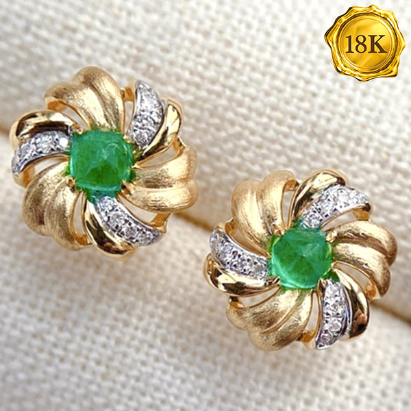 LUXURY COLLECTION ! 0.24 CT GENUINE EMERALD & 24PCS GENUINE DIAMOND 18KT SOLID GOLD EARRINGS