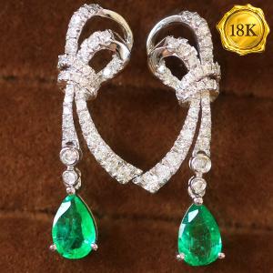 LUXURY COLLECTION ! (CERTIFICATE REPORT) 0.76 CT GENUINE EMERALD & 0.40 CT GENUINE DIAMOND 18KT SOLID GOLD EARRINGS