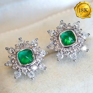 LUXURY COLLECTION ! 0.34 CT GENUINE EMERALD & 0.50 CT GENUINE DIAMOND 18KT SOLID GOLD EARRINGS