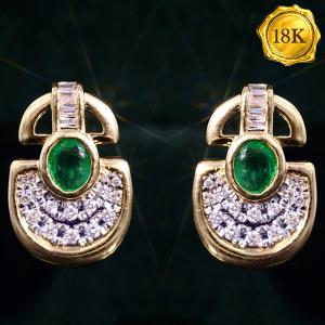 LUXURY COLLECTION ! 0.75 CT GENUINE EMERALD & 0.20 CT GENUINE DIAMOND 18KT SOLID GOLD EARRINGS