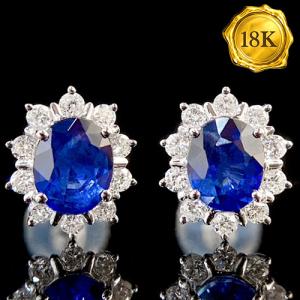 LUXURY COLLECTION ! 1.15 CT GENUINE SAPPHIRE & 0.24 CT GENUINE DIAMOND 18KT SOLID GOLD EARRINGS