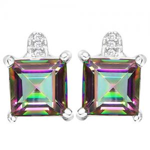 ADORABLE ! 14K WHITE GOLD OVER SOLID STERLING SILVER DIAMONDS & 3.24 CT MYSTIC GEMSTONE EARRINGS STUD