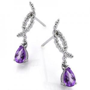 SUPERB ! 14K WHITE GOLD OVER SOLID STERLING SILVER DIAMONDS & 3/4 CT AMETHYST DANGLE EARRINGS