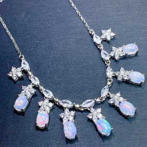 NEW!! GENUINE ETHIOPIAN OPAL & CREATED WHITE SAPPHIRE 925 STERLING SILVER NECKLACE