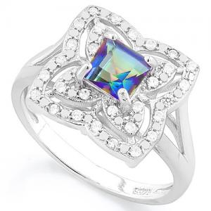 BEAUTIFUL ! WOMENS 14K WHITE GOLD OVER SOLID STERLING SILVER 1/3 CT CREATED WHITE SAPPHIRE & 2/3 CT OCEAN MYSTIC GEMSTONE RING