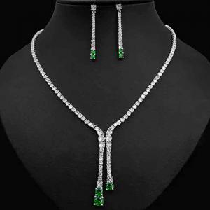 NEW! CREATED EMERALD & WHITE SAPPHIRE EARRINGS & NECKLACE 18K WHITE GOLD PLATED GERMAN SILVER SET